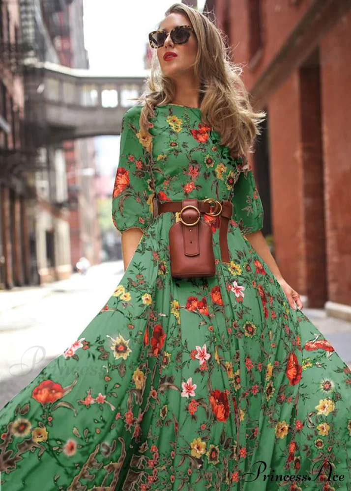 Bohemia Maxi Dress with Floral Round Neck and Half Sleeves - Image 4