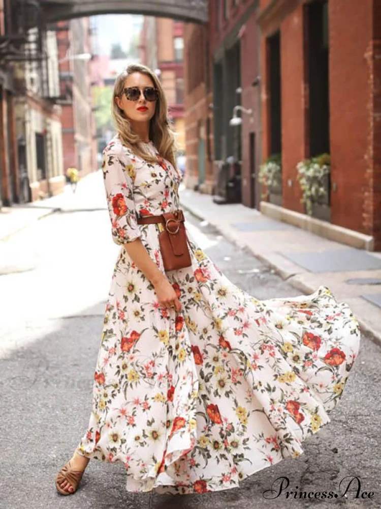 Bohemia Maxi Dress with Floral Round Neck and Half Sleeves - Image 5
