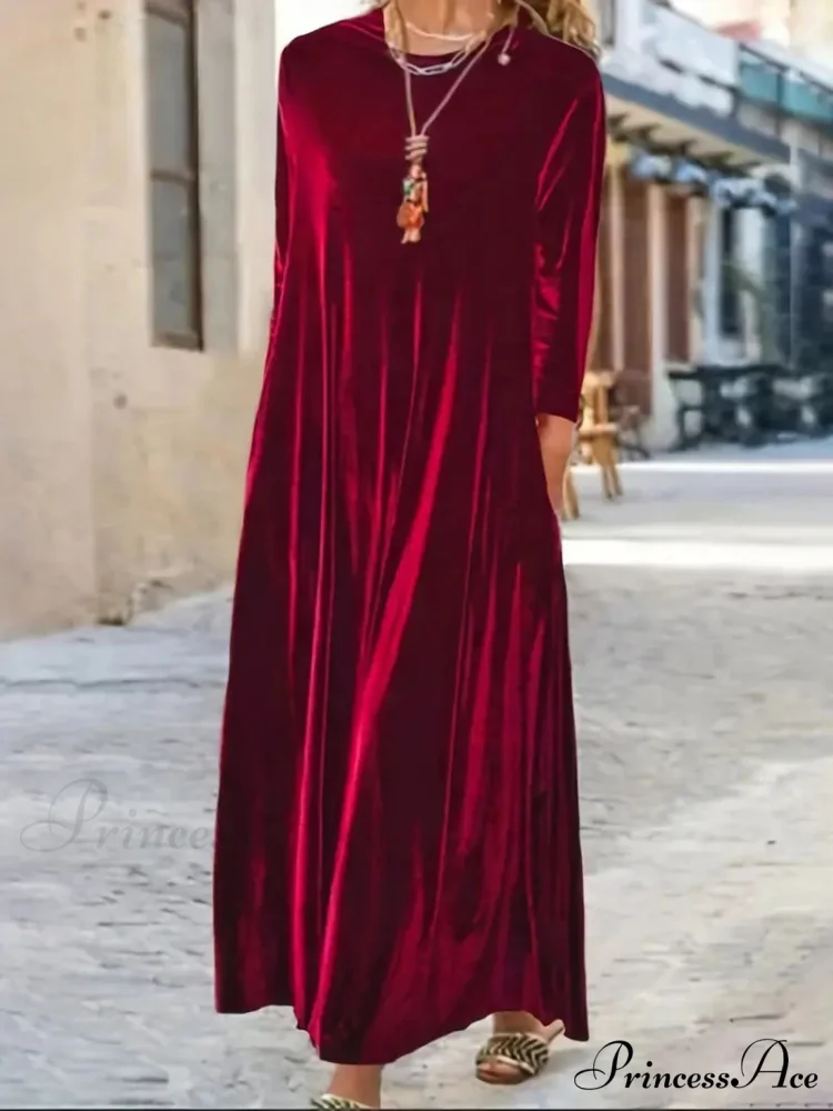 Long Sleeve Round Neck Loose Velvet Maxi Dress
