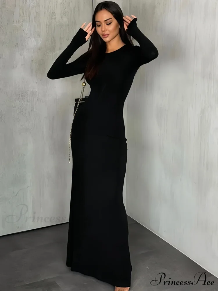Black Maxi Dress with Long Sleeves and Sleek Silhouette