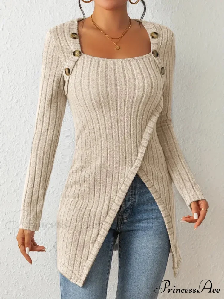 Casual Ribbed Long Sleeve Top Dress with Asymmetrical Hem