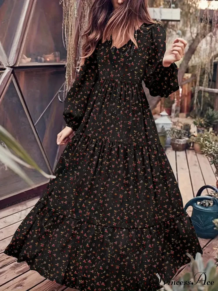 Boho Lantern Sleeve V Neck Tiered Floral Print Maxi Dress - Image 3