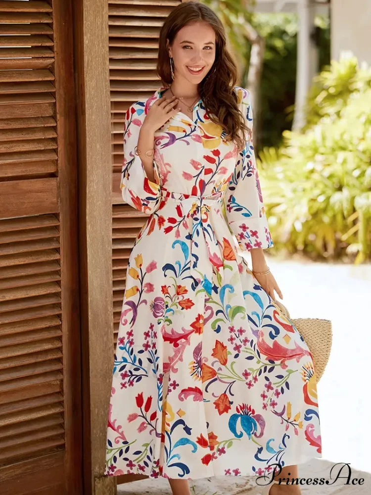 Print Dress with Long Sleeve V-neck and Belt Tie Waist - Image 4