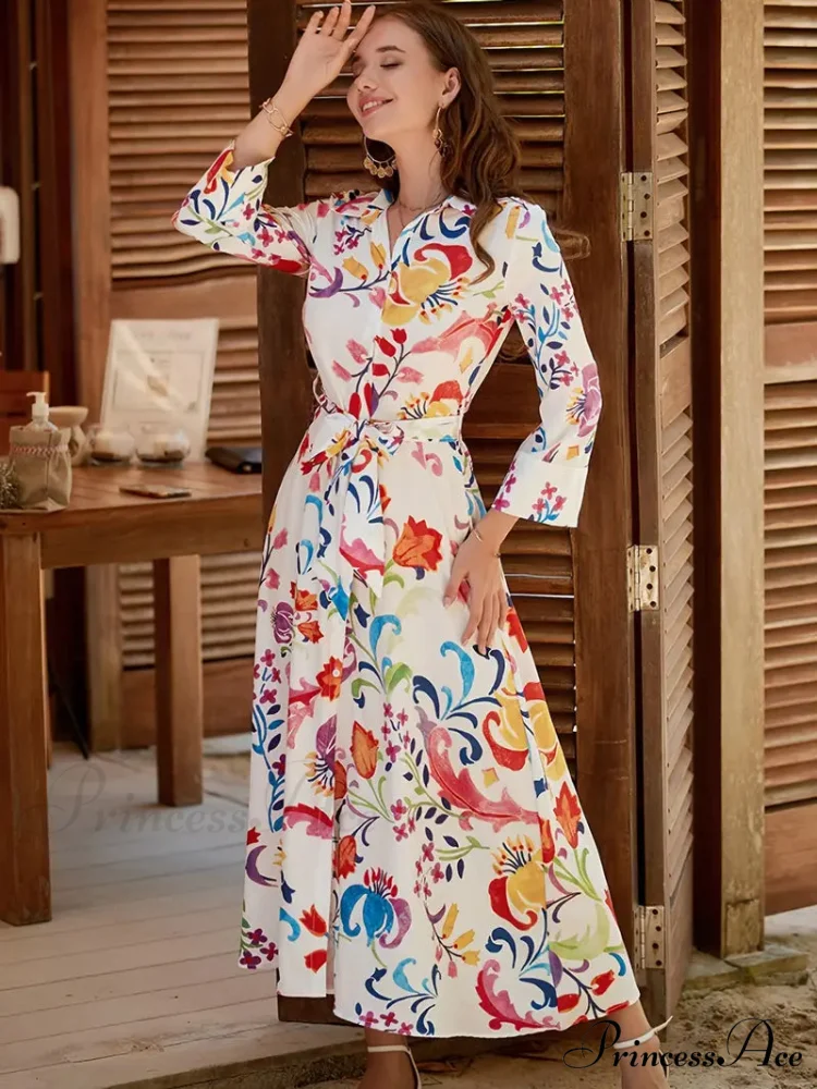 Print Dress with Long Sleeve V-neck and Belt Tie Waist - Image 5