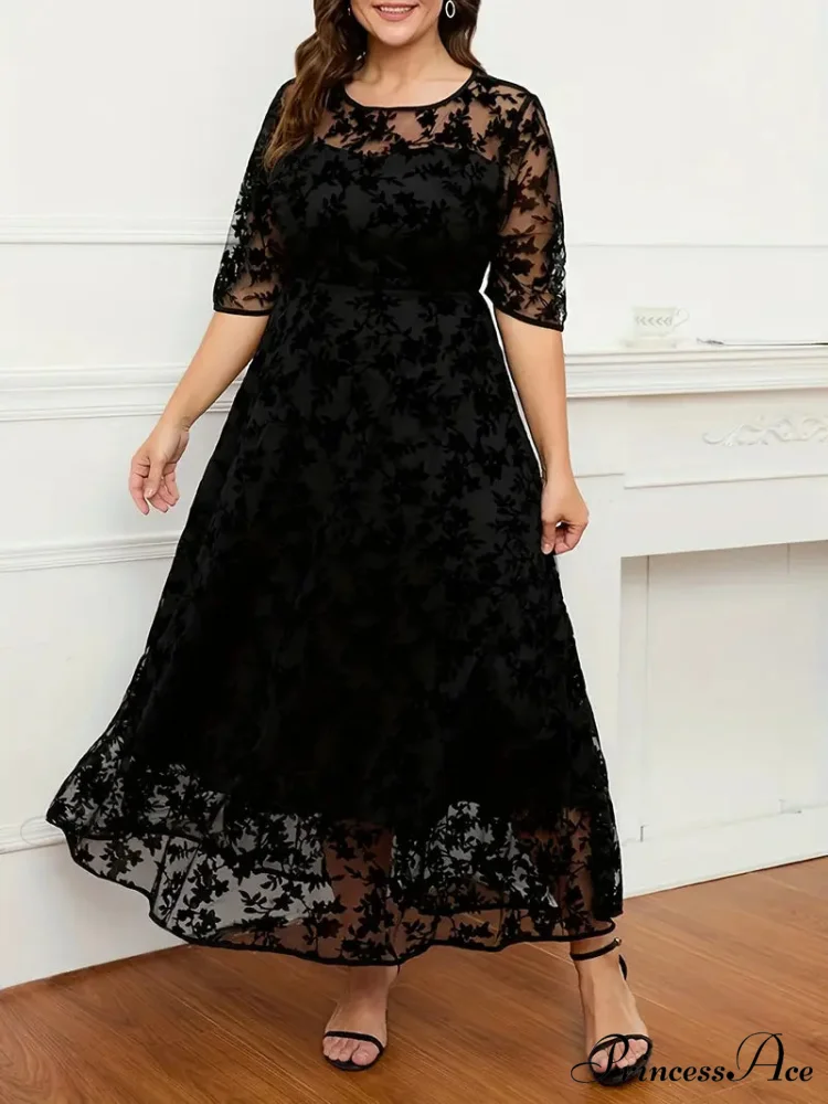 Plus Size Black Lace Embroidery Ruffled Hem Maxi Dress