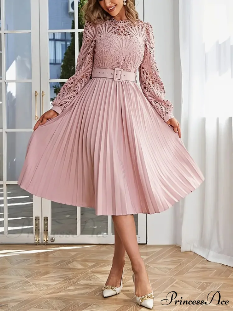 Pink Lace Pleated Party Dress with Belt