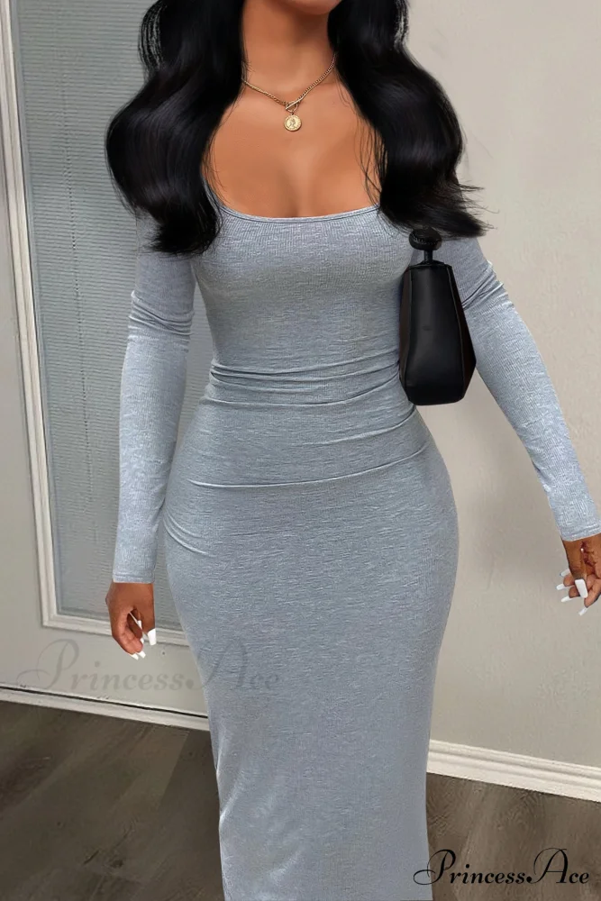 Gray Square Neck Bodycon Dress - Long Sleeve