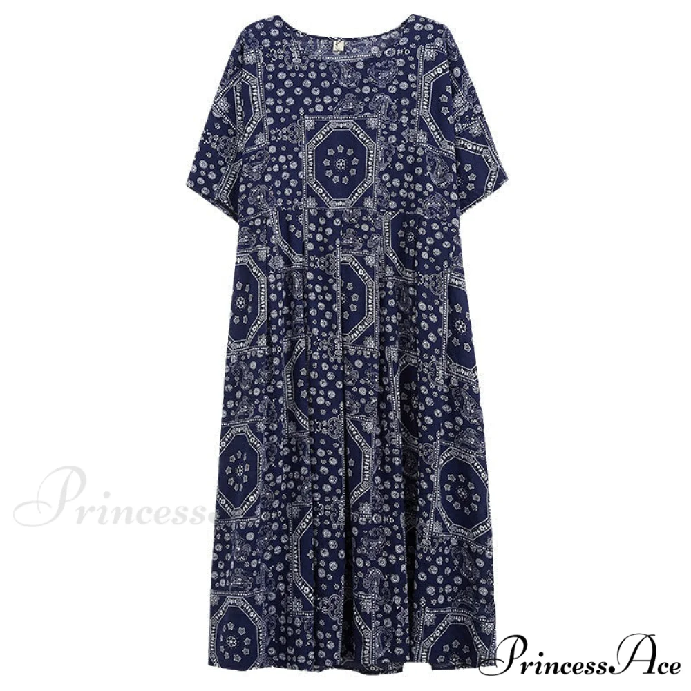 Boho Swing House Dress with Pockets in Blue Print - Image 3