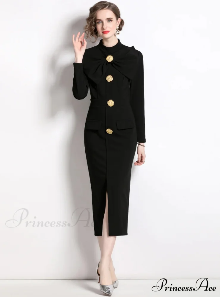 BLACK BOW SLIM LONG SLEEVE DRESS