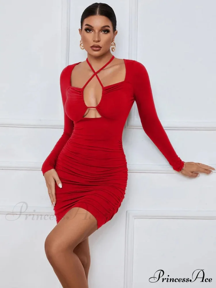 HOLLOW LONG SLEEVE SHORT DRESS