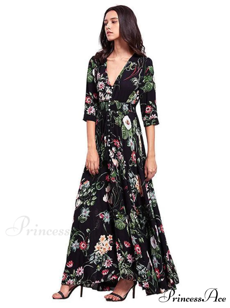 Bohemia Floral V Neck Maxi Dress
