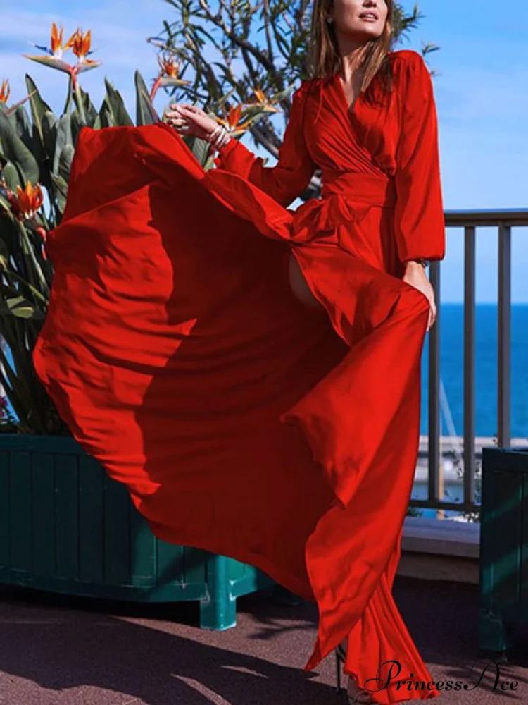 V-neck Long Sleeves Solid Color Belted Maxi Evening Dress