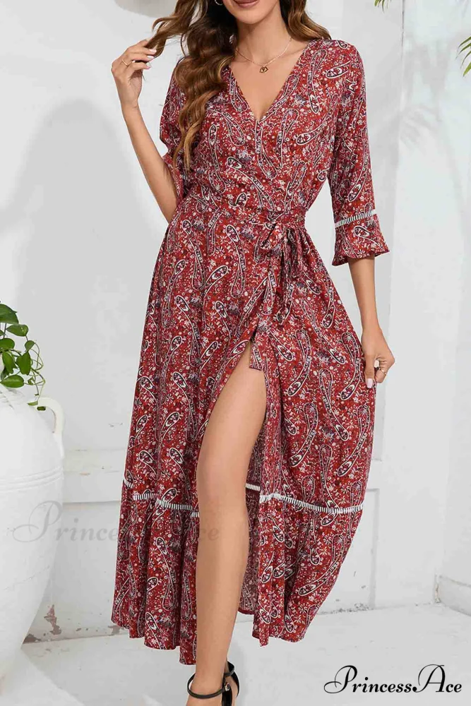 Floral V Neck Midi Dress with Slit