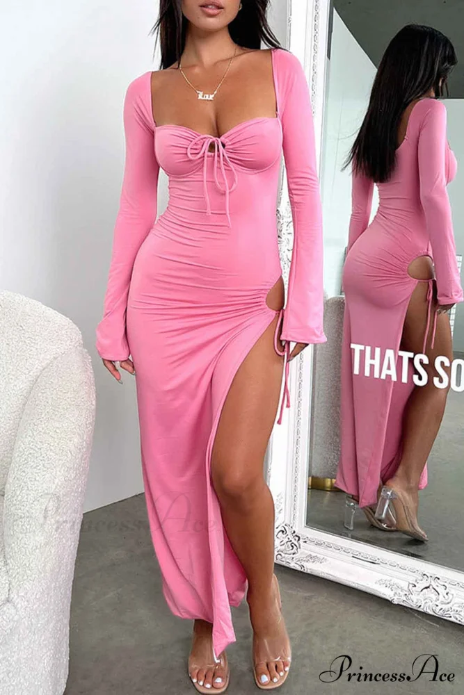 Lace Up Hollow Out Slit Dress with Long Sleeves