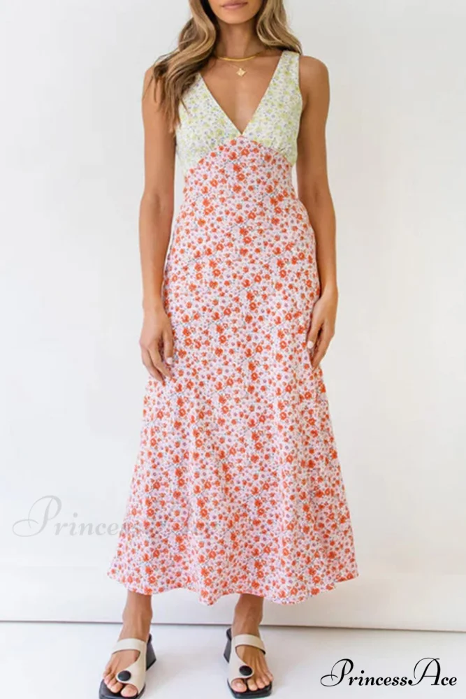 Floral Print V Neck Dress with Contrast Detail and Tie-back