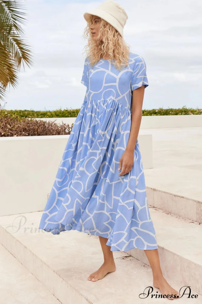 High Waist Ruched Dress with Geometric Print
