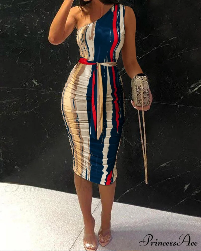 Ruched Tie Front Bodycon Dress with One Shoulder