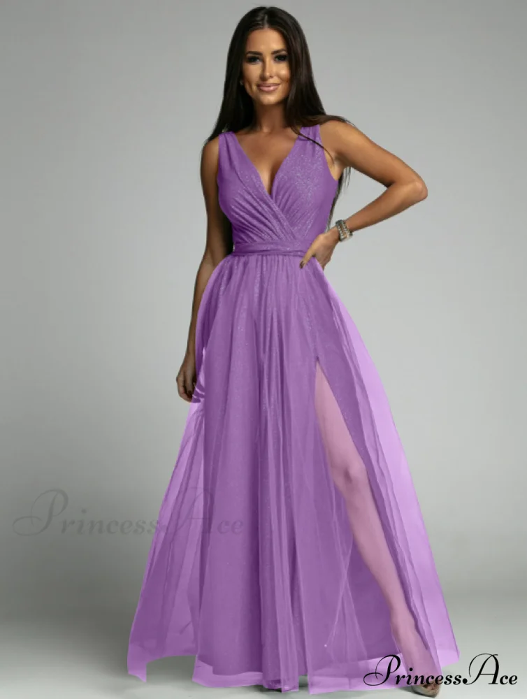 V-neck Waist Slim Split Big Swing Shiny Dress
