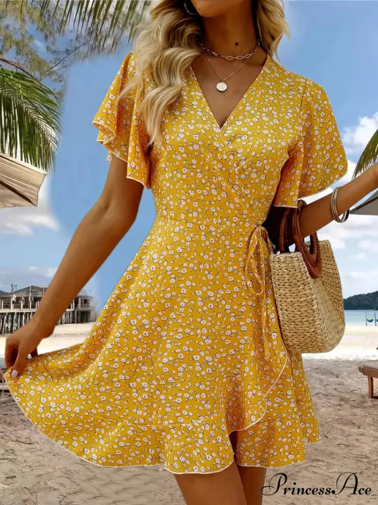 Floral Print Ruffle Hem Wrap Dress with Short Sleeves and V-neck