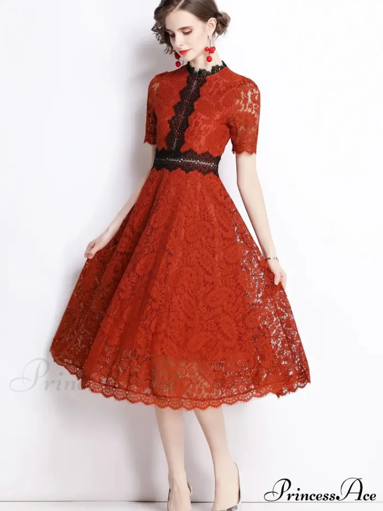 Burgundy Lace Dress with Short Sleeves and Mock Neck