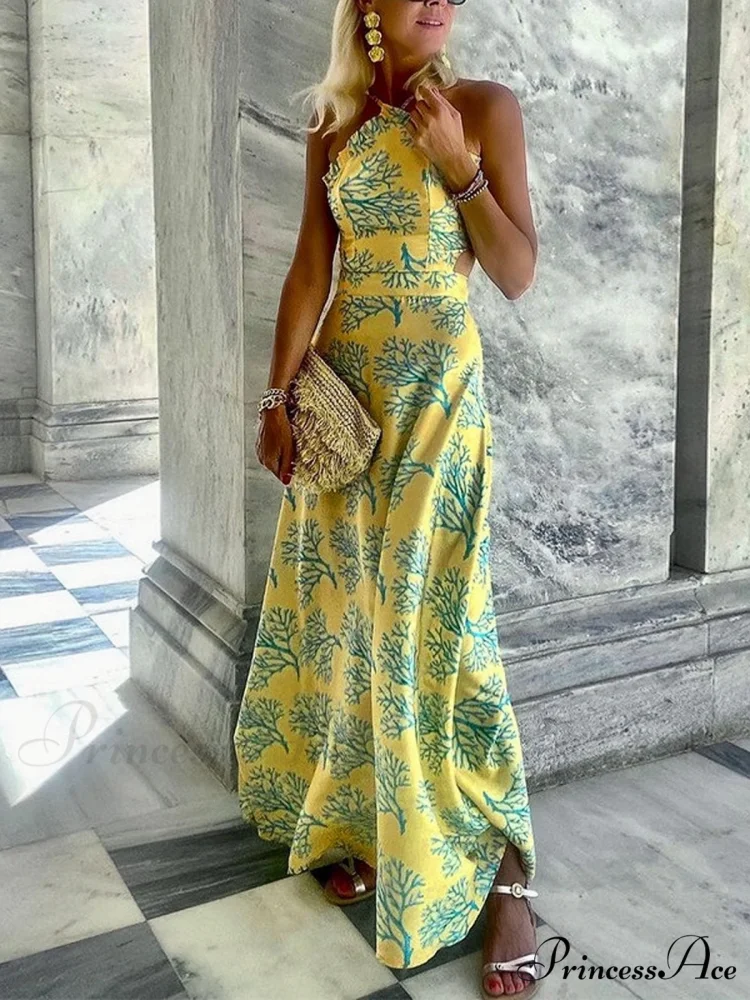 Yellow Printed Halter Backless Dress