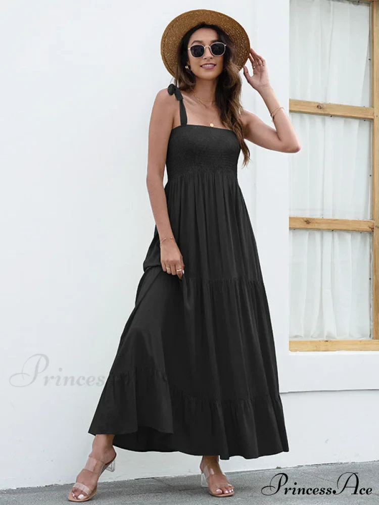 Black Backless Ruffle Trim Dress with Tie