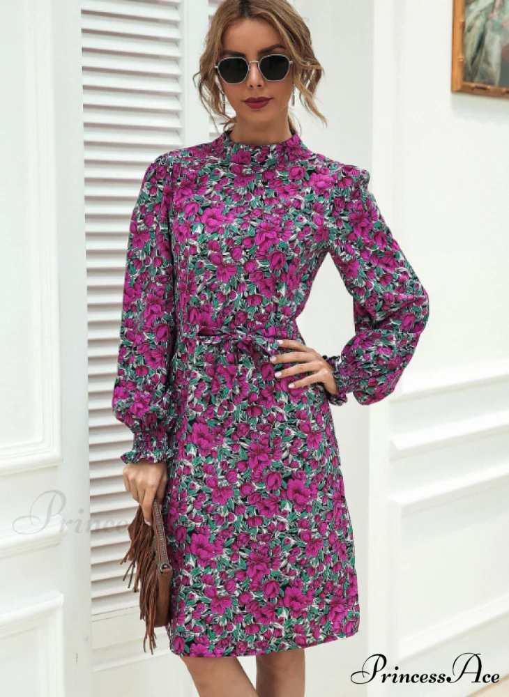 Floral Lace A-Line Skirt with Stand-Up Collar and Lantern Sleeves Dress