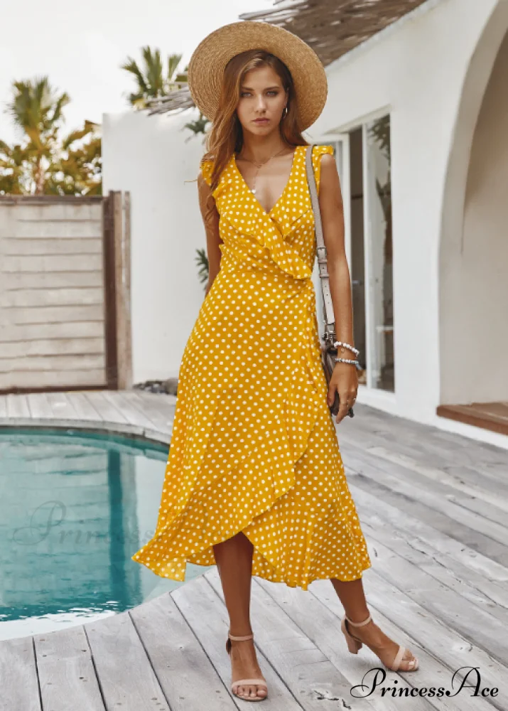Spaghetti Strap Dress - Medium Long Dot Pattern