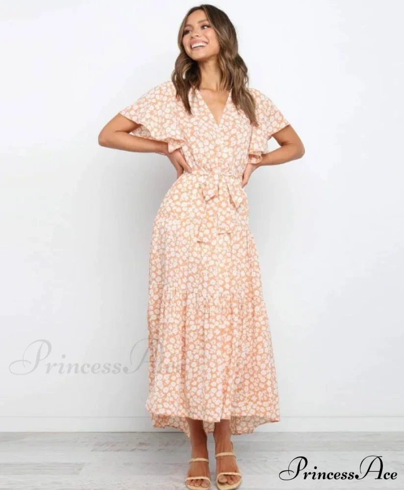Boho Printed Long Dress Women V Neck Holiday Beach Dress