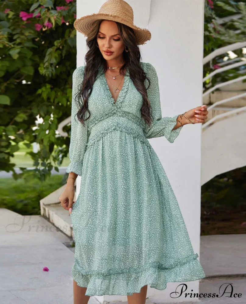 Spring V Neck Print Dress with Butterfly Sleeves and High Waist Ruffles in Chiffon Midi Length
