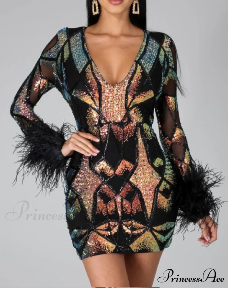 Patchwork Print Skinny Ostrich Feather Sequins Party Dress