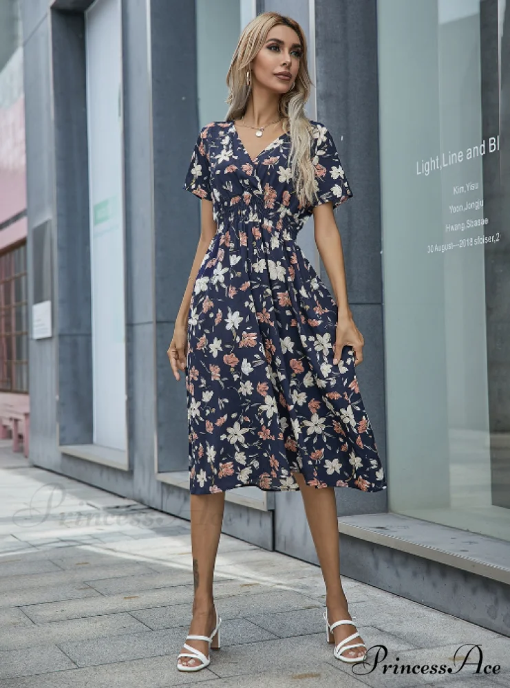Pink Retro Casual V-Neck Short-Sleeved A-Line Beach Dress