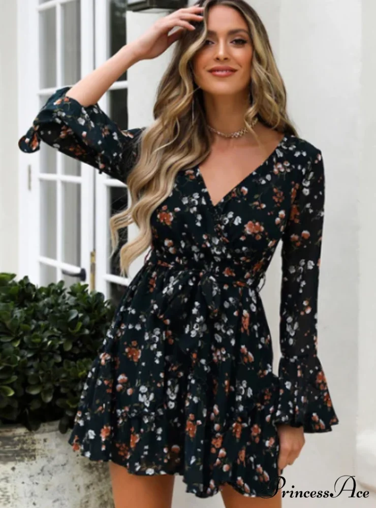 Floral Print V-Neck Belt Mini Dress with Ruffle Flared Long Sleeves