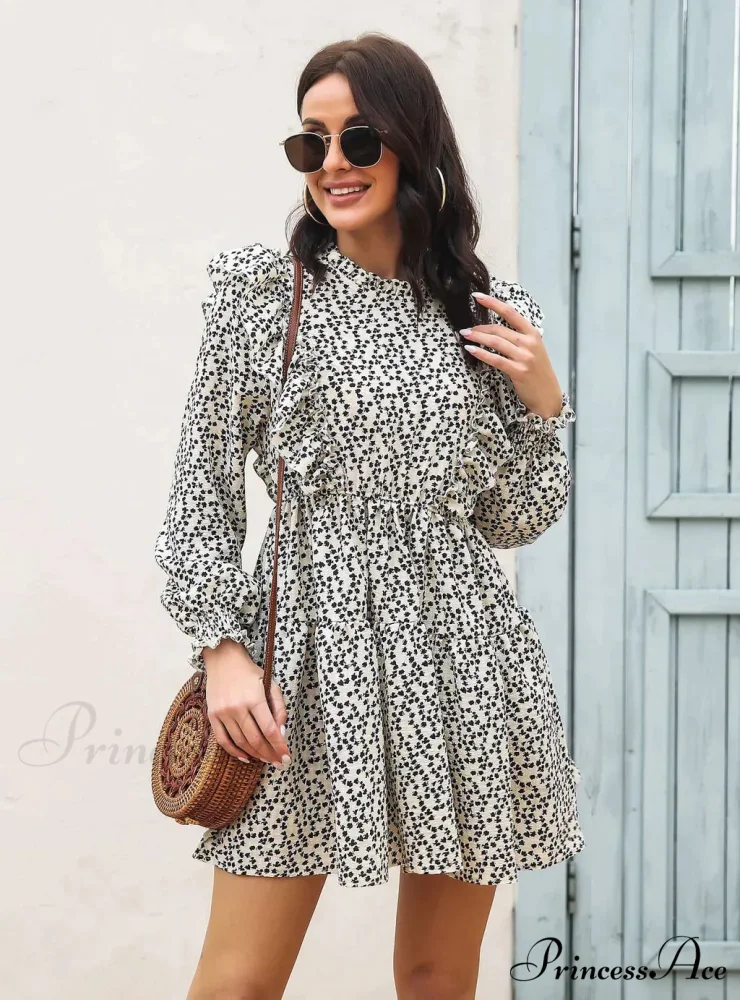 Wood Ear Collar Long Sleeve Printed Dress with Ruffled Detail
