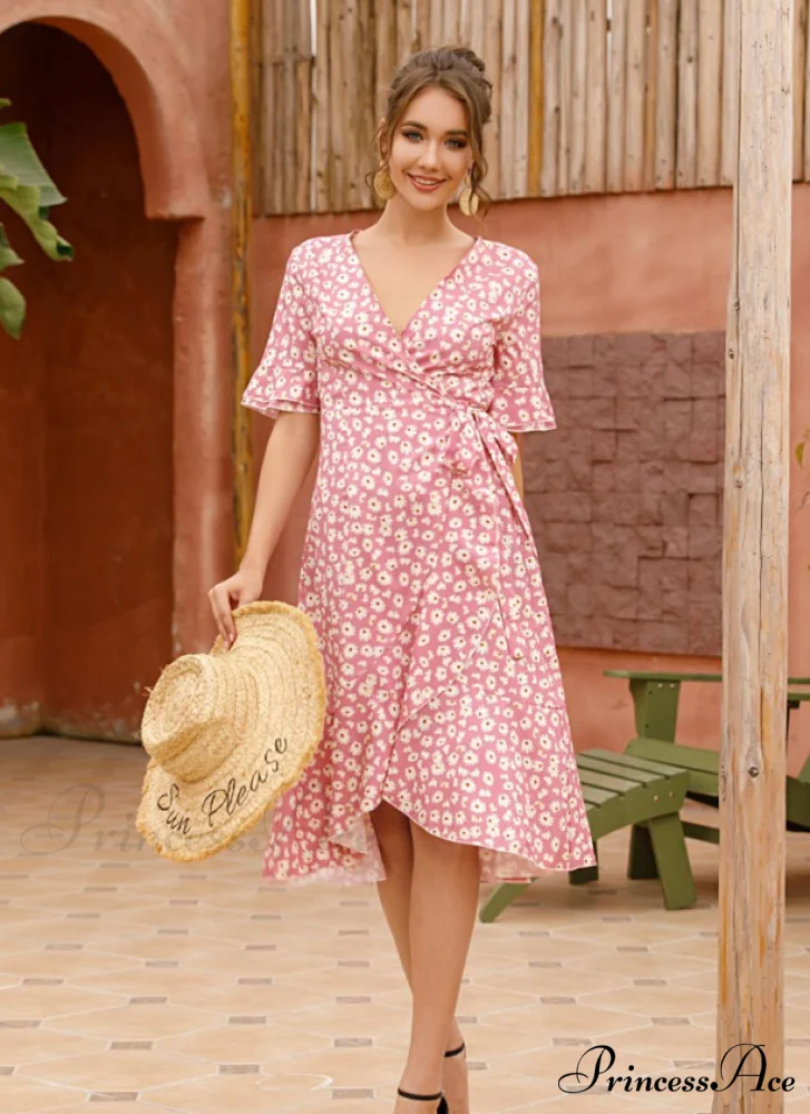 Boho Floral Print Vintage Midi Dress with Ruffle Sleeves for Women