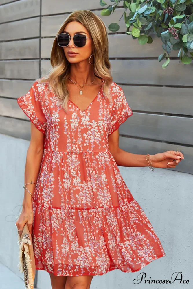 Floral A-Line Short Sleeve V-Neck Dress