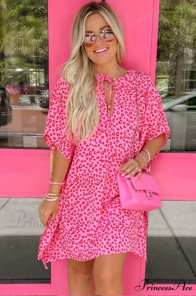 Leopard Print V-Neck Lace-Up Half-Sleeve Dress