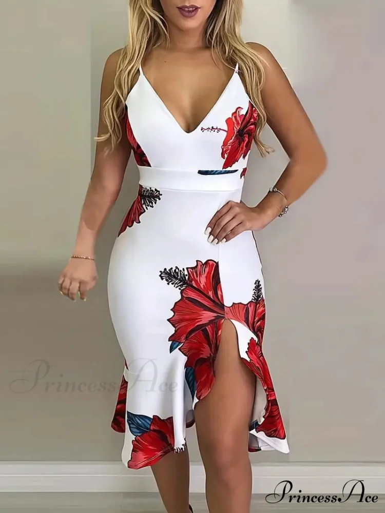 Floral Bodycon Dress with V Neck Slit Spaghetti Straps and Ruffle