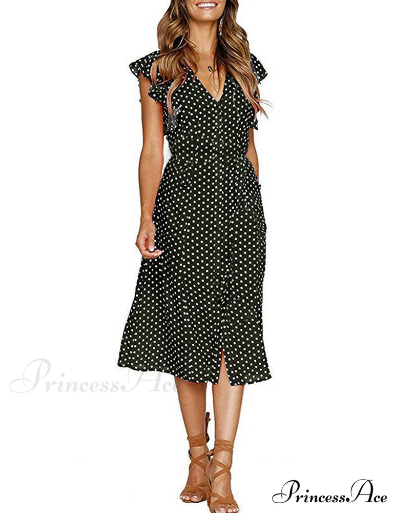 Boho Polka Dot Sleeveless V Neck Swing Midi Dress With Pockets for Summer