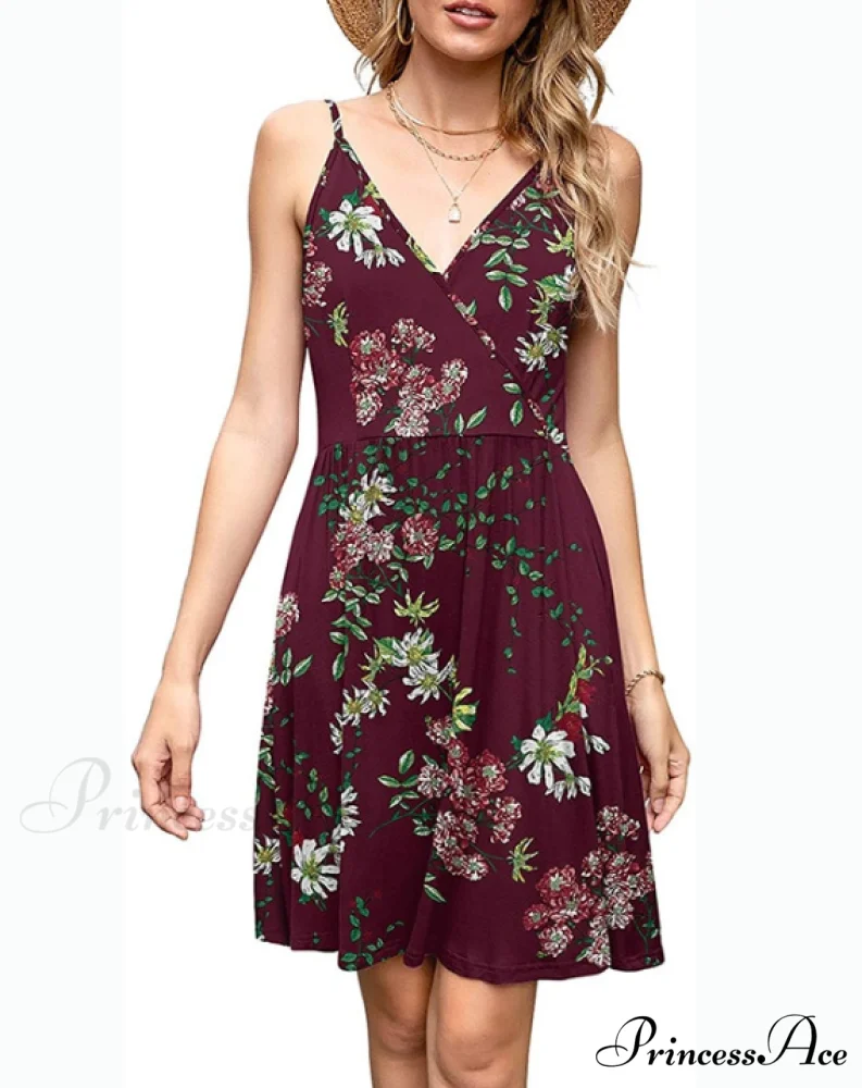 Burgundy Ladies Fashion Print V-Neck Strap Backless Satin Dress