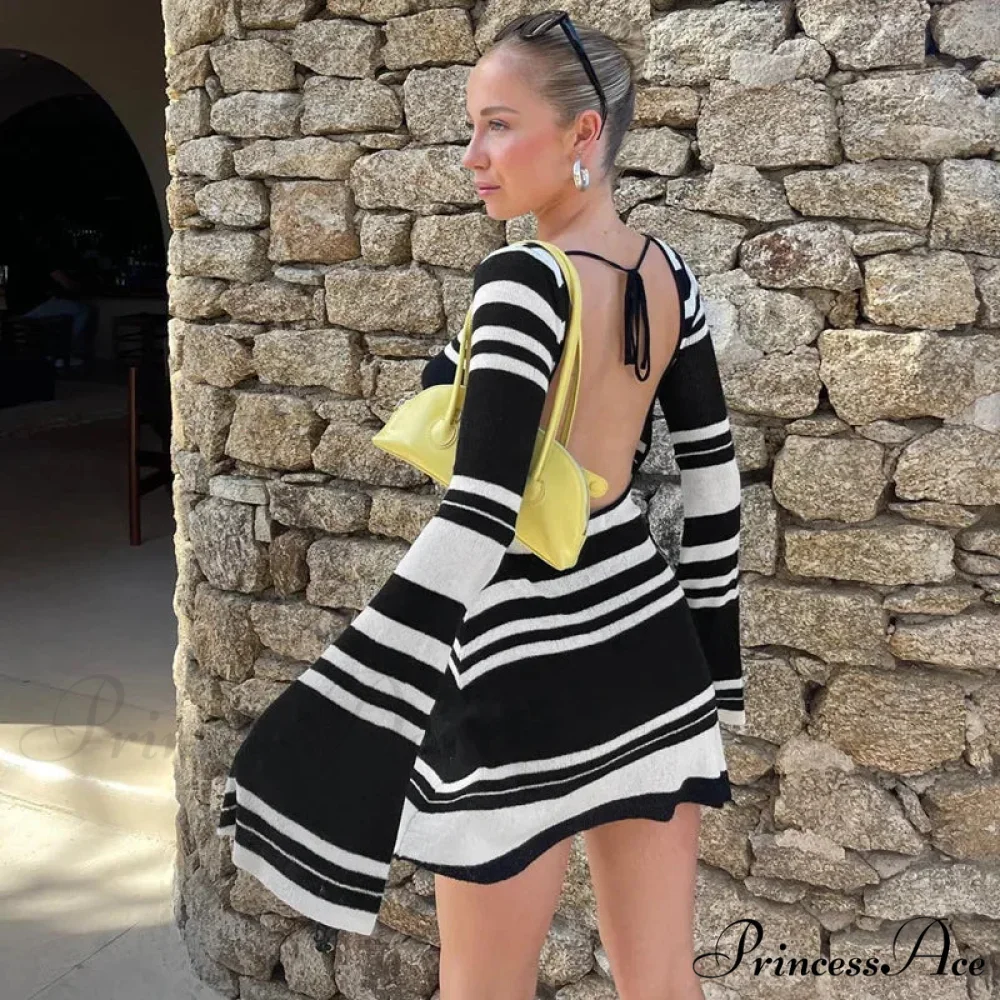 Striped Backless Flare Sleeve Mini Dress - Image 7