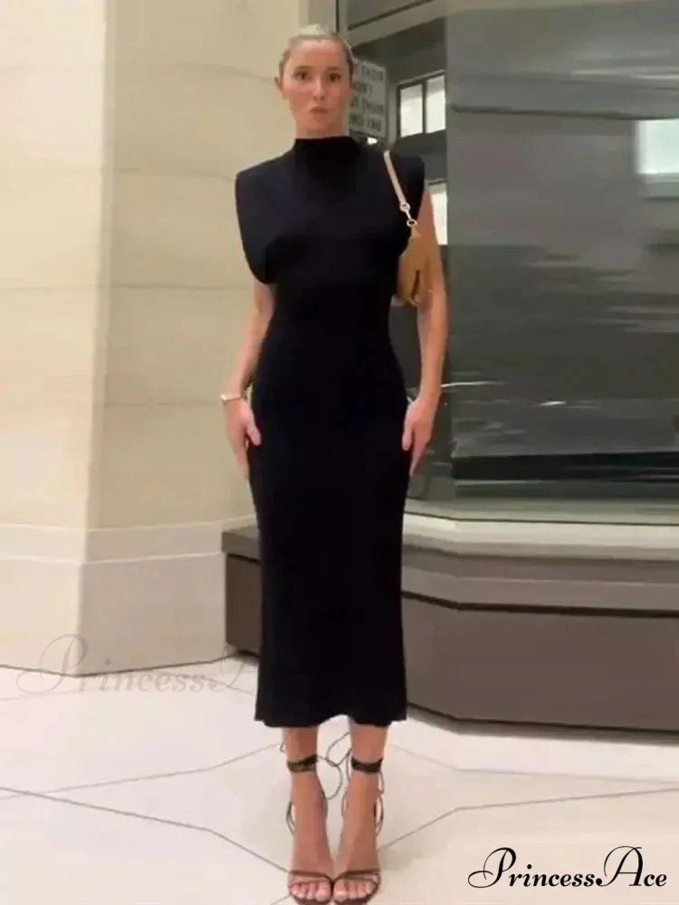 Solid O Neck Women's Sexy Rear Split High Waisted Elegant Office Lady Commuting Streetwear Robes Midi Dress - Image 4