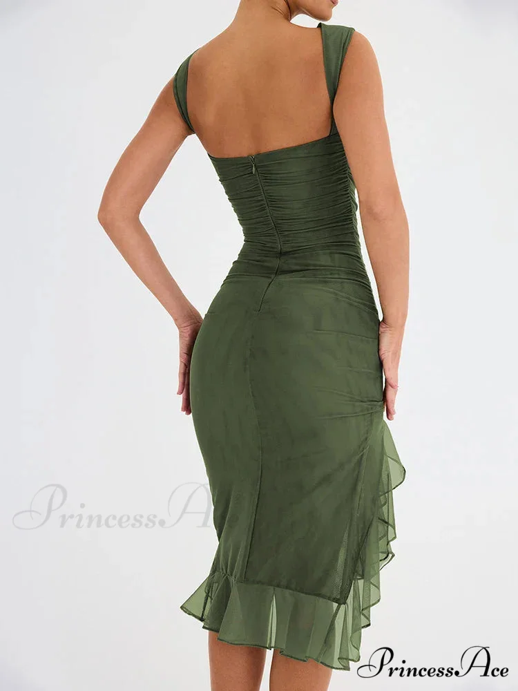 Ruffled Ruched Summer-ready Backless Sleeveless Irregular Sensual Midi Dress - Image 4