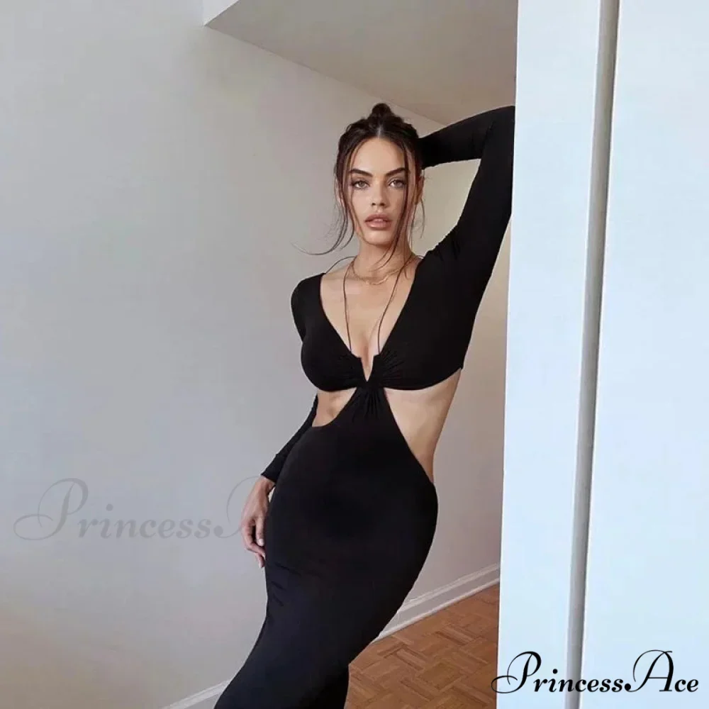 Autumnal Long-sleeved Halter-necked Black Split Skinny Sensual Maxi Dress - Image 4