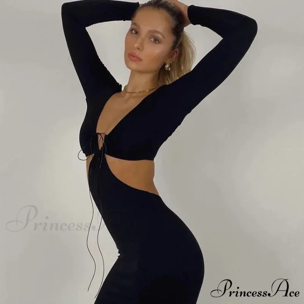 Autumnal Long-sleeved Halter-necked Black Split Skinny Sensual Maxi Dress - Image 5