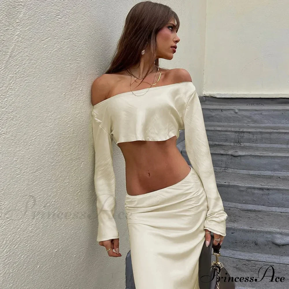 Off Shoulder Long Sleeve Top and Skirt 2 Piece Set Asymmetric Silky Co-Ords Matching Sets Midi Dress - Image 2