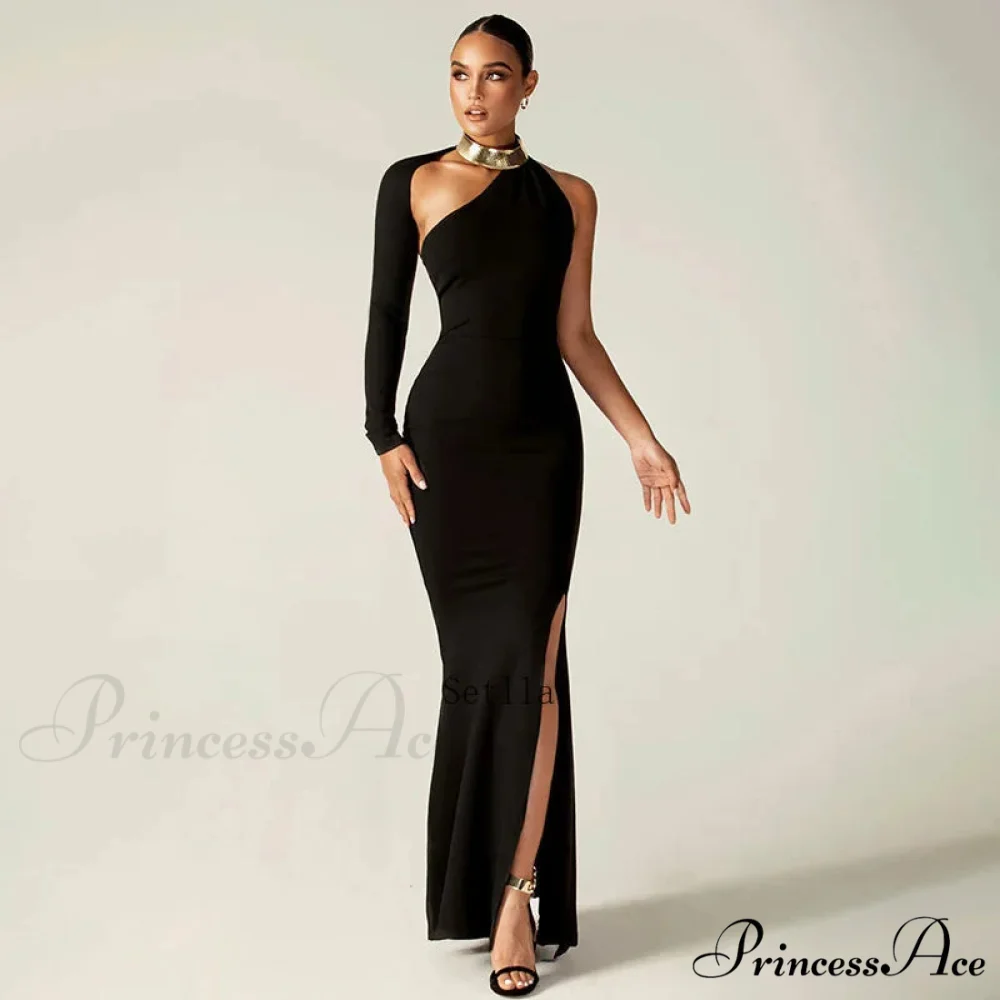Fashion One Shoulder Split Long Sleeve Vestido Gown Maxi Dress - Image 4