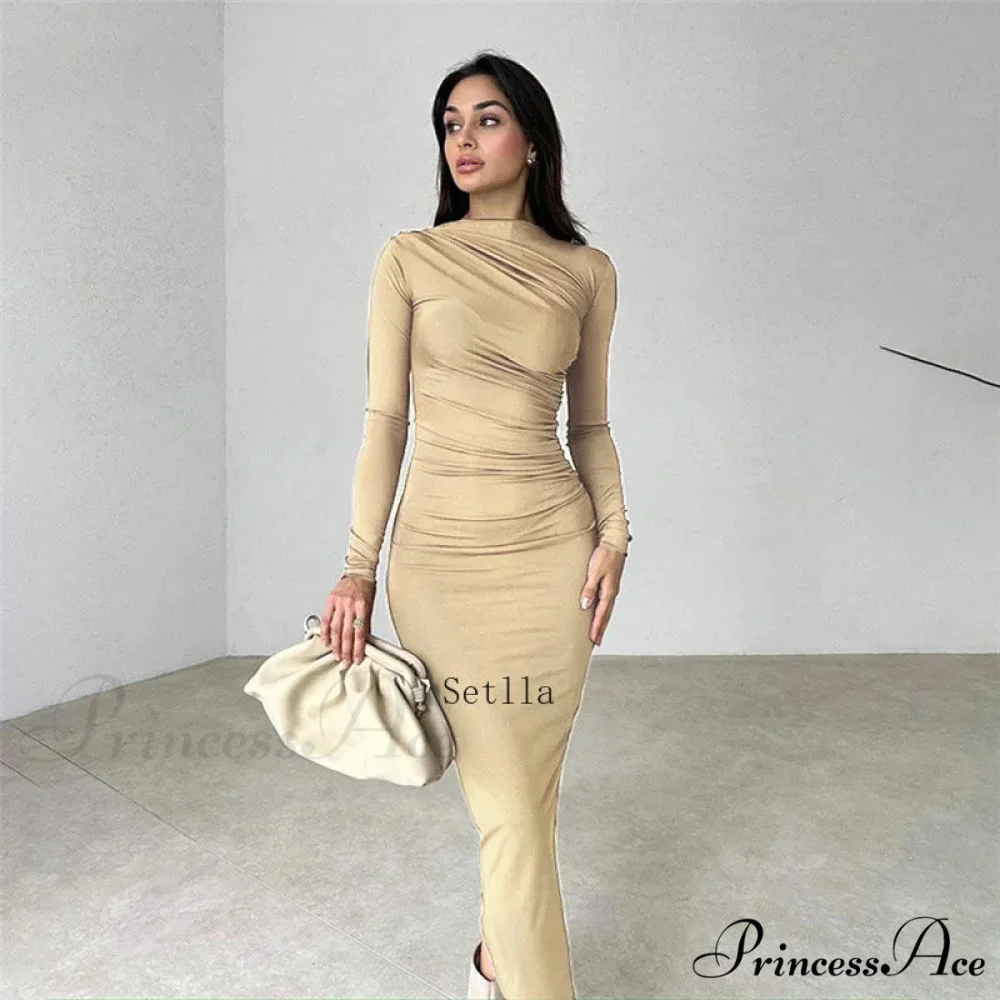 Autumn Ruched Long Slinky Sexy Birthday Robes Midi Dress - Image 4