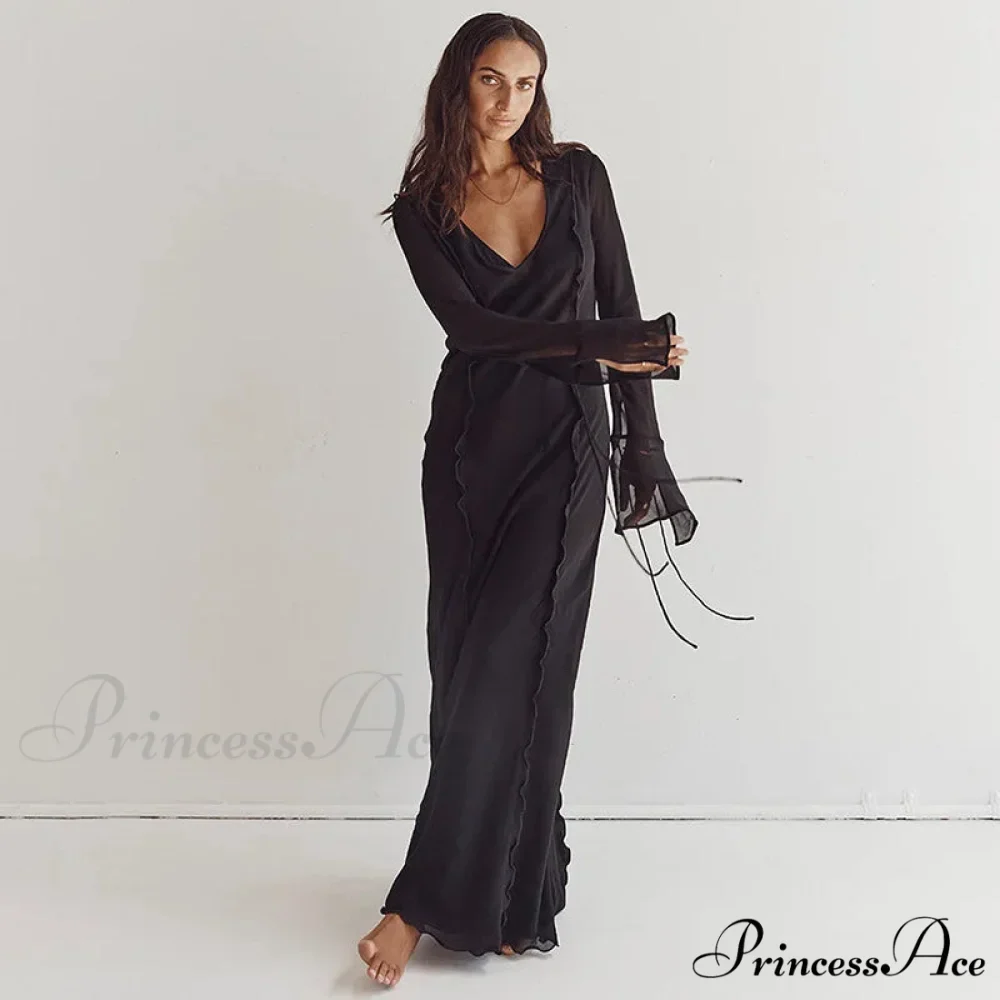 Mesh Transparent Flare Sleeve Cover-Ups Maxi Dress - Image 6