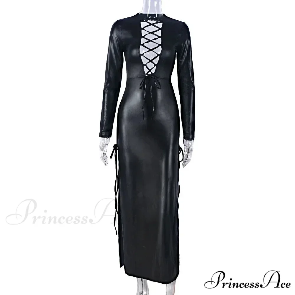 PU Leather Bandage Split Deep V Maxi Dress - Image 6